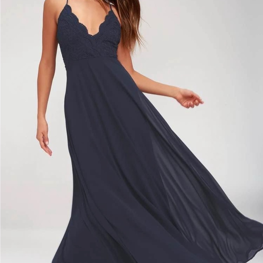 Lulu's Navy Spaghetti Strap lace top flowing Maxi